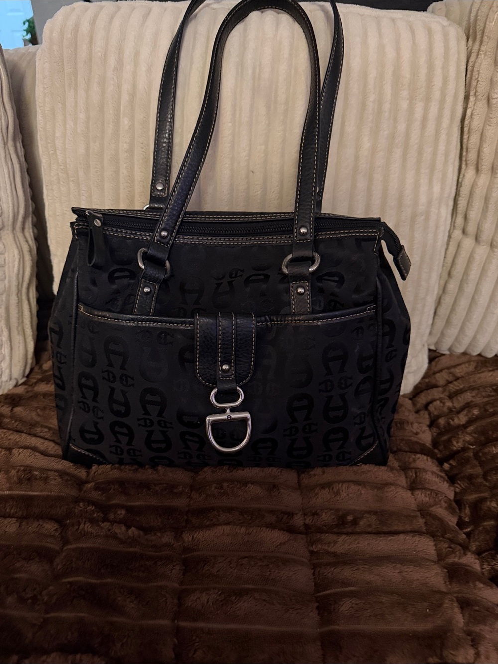 Black Logo-Print Shoulder Bag with D-Ring Accent